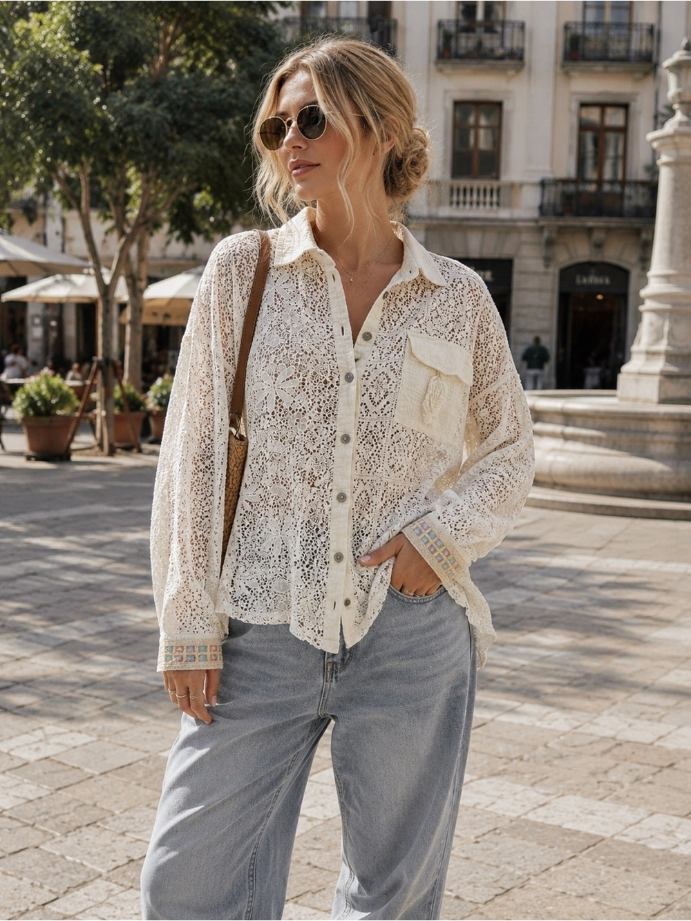 POL Cream Crochet Lace Button-Down Shirt Sz M